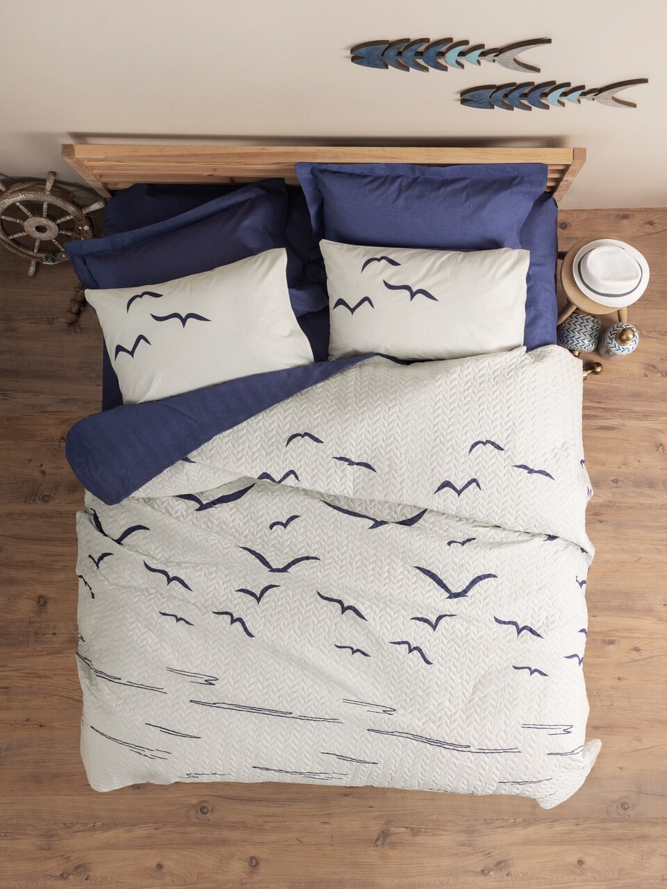 Set cuvertura matlasata Single, L'essentiel Maison, Larum, Albastru inchis/Alb - imagine 4